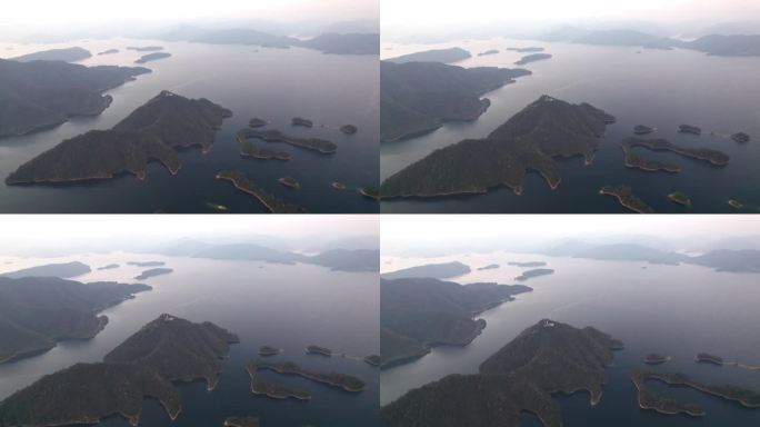 中国浙江杭州楚南千岛湖数千座岛屿鸟瞰图。色彩缤纷的岛屿和宁静的湖泊，美丽的自然景观，4k实时镜头，无