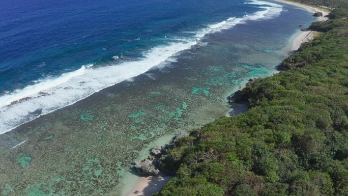 汤加、波利尼西亚。由绿色海岸线和海滩鸟瞰珊瑚礁和南太平洋海浪