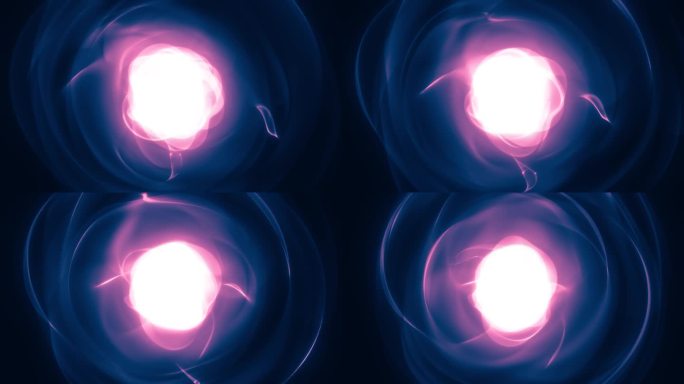 动画背景在柔和的颜色，梯度闪亮的霓虹灯能量核心，原子核爆炸。未来主义抽象3D渲染发光粉蓝色原子4K。