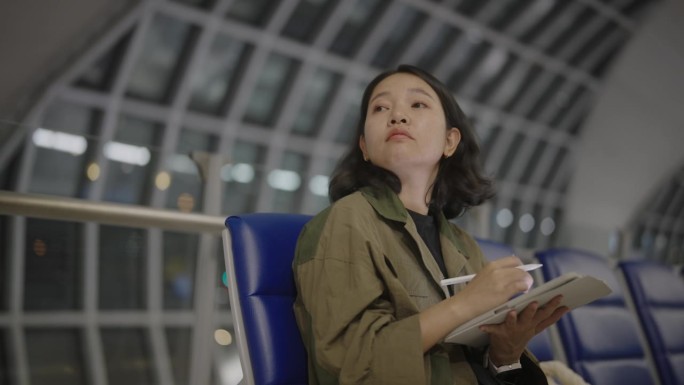 一名亚洲女子坐在机场登机口附近的候机区摆弄平板电脑。