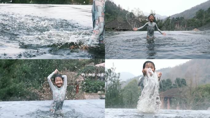 小孩泡温泉玩水