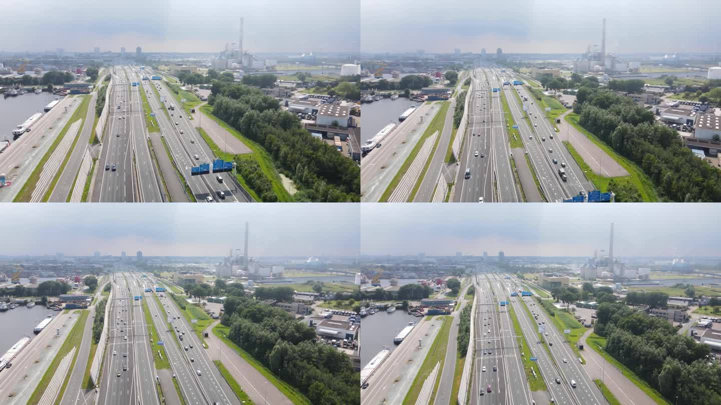 阿姆斯特丹西港、海姆海文斯煤厂和阿姆斯特丹A10环城公路工业港。荷兰航拍图。