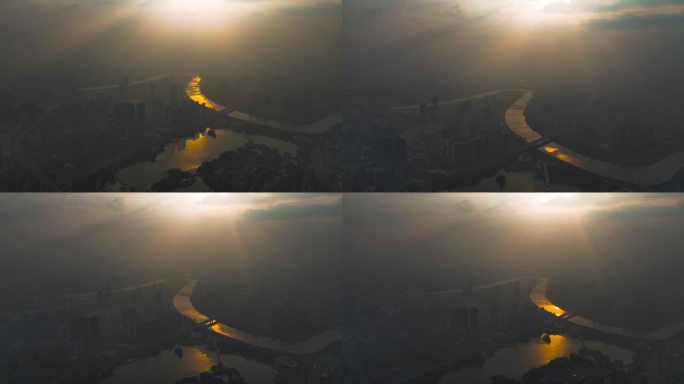 4K航拍雾霾笼罩下长沙城市浏阳河剪影5