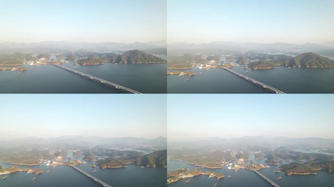 鸟瞰中国浙江杭州楚南千岛湖的美丽景观。成千上万的小岛，千岛湖上的直桥，4k实时镜头，无人机视图。