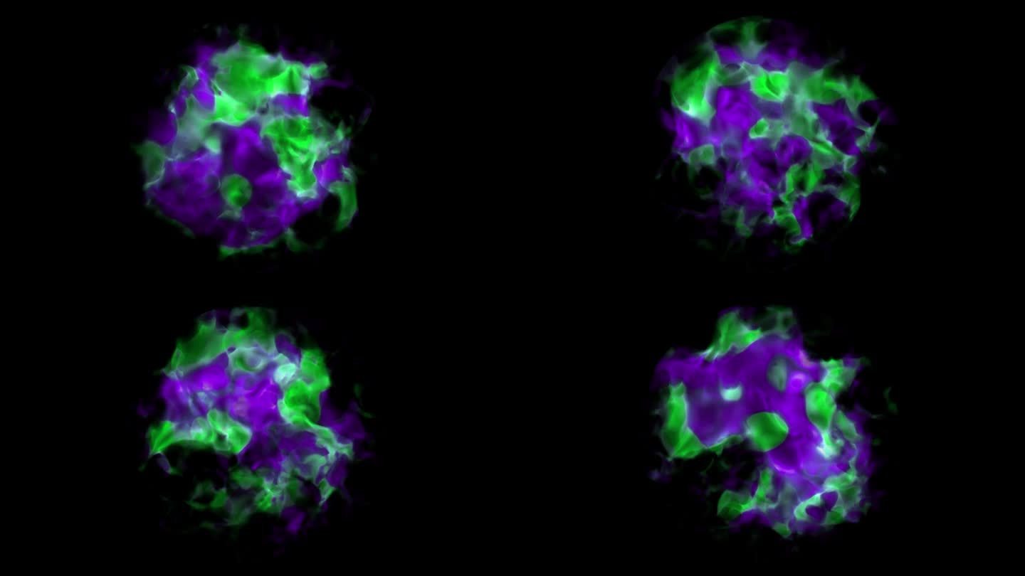 绿紫色等离子云在黑色背景上旋转
