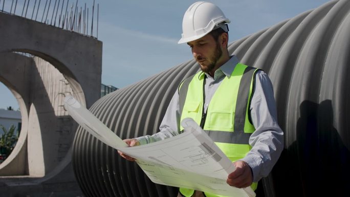 机械工程师或土木工程师带绿色安全护套检查图纸，审核巨管质量