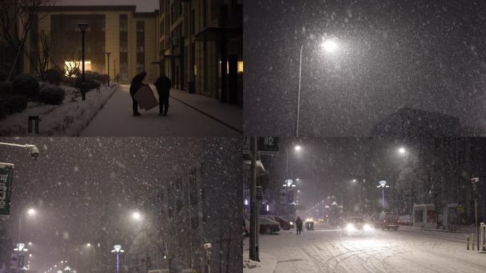 凌晨城市 雪景 行人车辆路灯雪花
