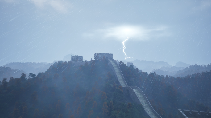 长城雷暴下雨空境古代长城建筑风景宣传片头