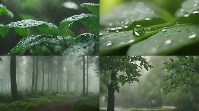 雨天下雨森林树林叶子花朵雨滴惊蛰立春雨水