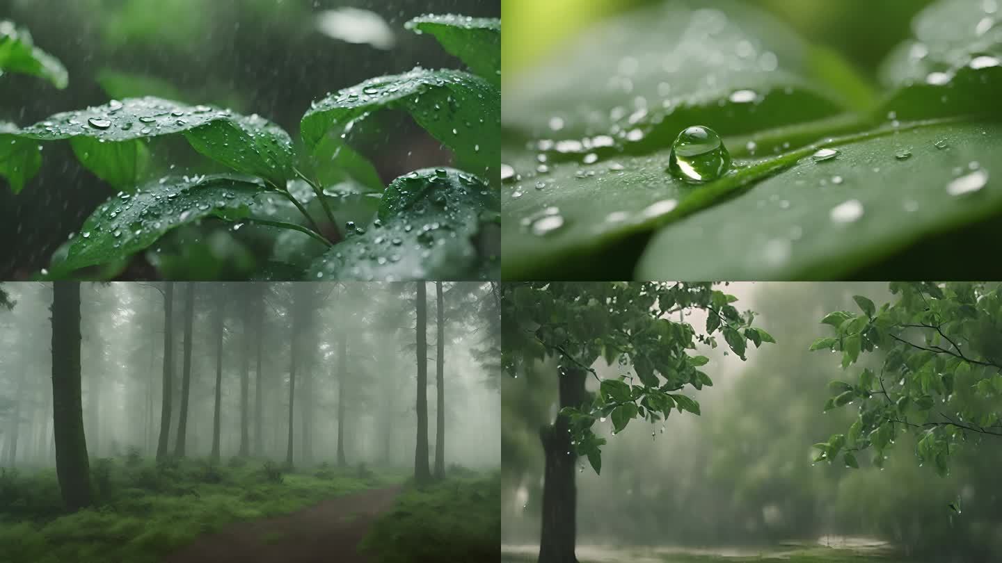 雨天下雨森林树林叶子花朵雨滴惊蛰立春雨水