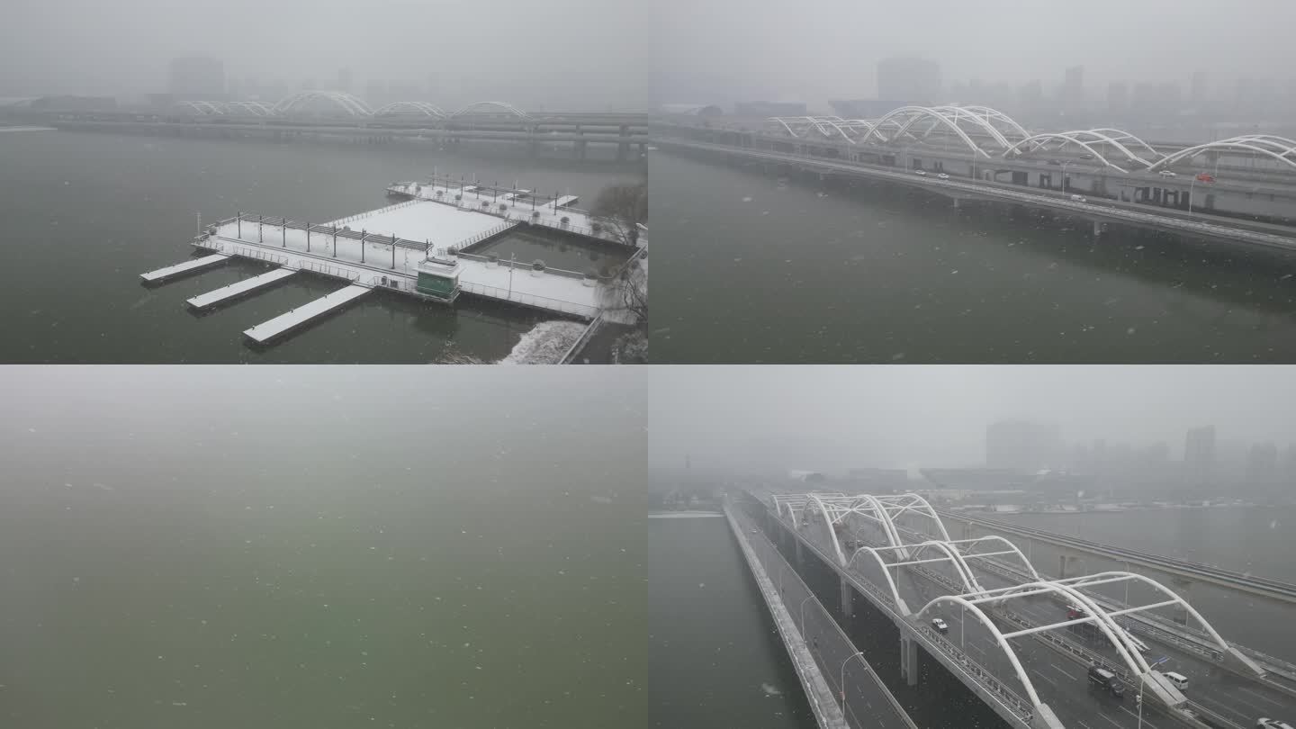 西安浐灞大雪广运潭大桥雪景下雪航拍