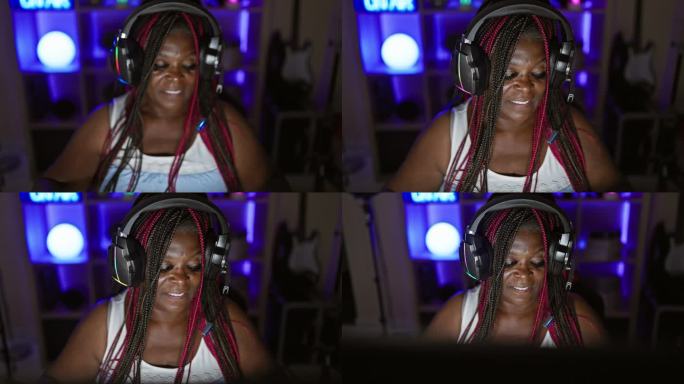 发光的非裔美国女性飘带在游戏室的中心，摇摆着夜间会议，在数字娱乐中伸展手臂，戴着耳机的游戏女王的美丽