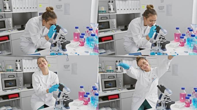 穿着科学家制服的开朗的年轻西班牙女性，张开双臂热烈拥抱，对着镜头微笑——在实验室里散发着幸福的光芒