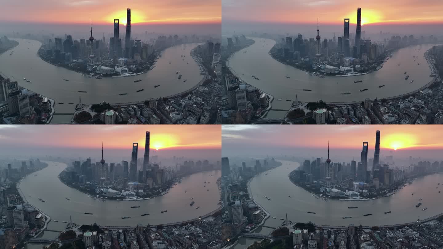 上海日出航拍 朝霞 城市发展 太阳升起