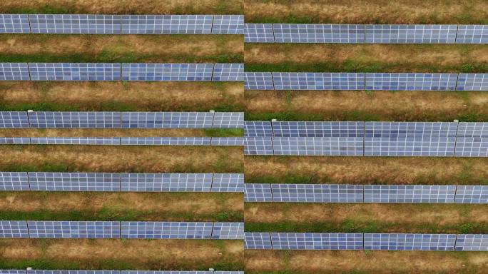 太阳能电池板的近景鸟瞰图。缓慢的运动。可再生能源。绿色能源。对环境的友好态度。世界环境规划署