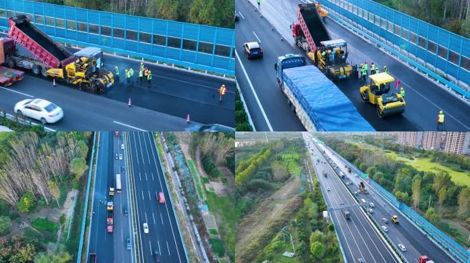 高速公路摊铺机工作车流航拍5