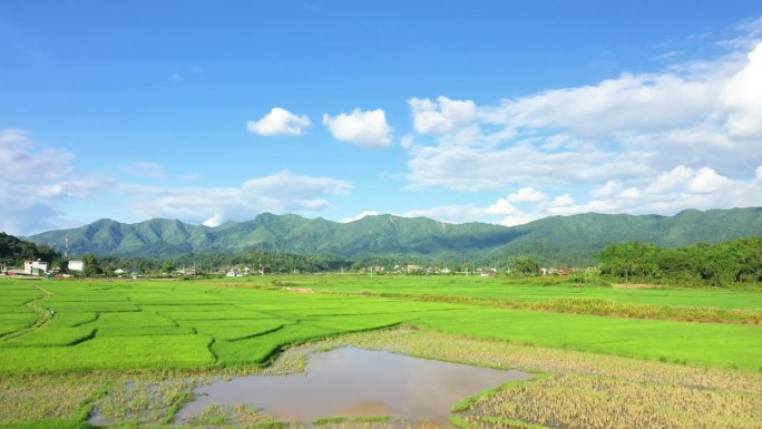 亚洲，越南，东京，奠边府，一个风景如画的湖边小村庄，被淹没的稻田包围在群山之间。