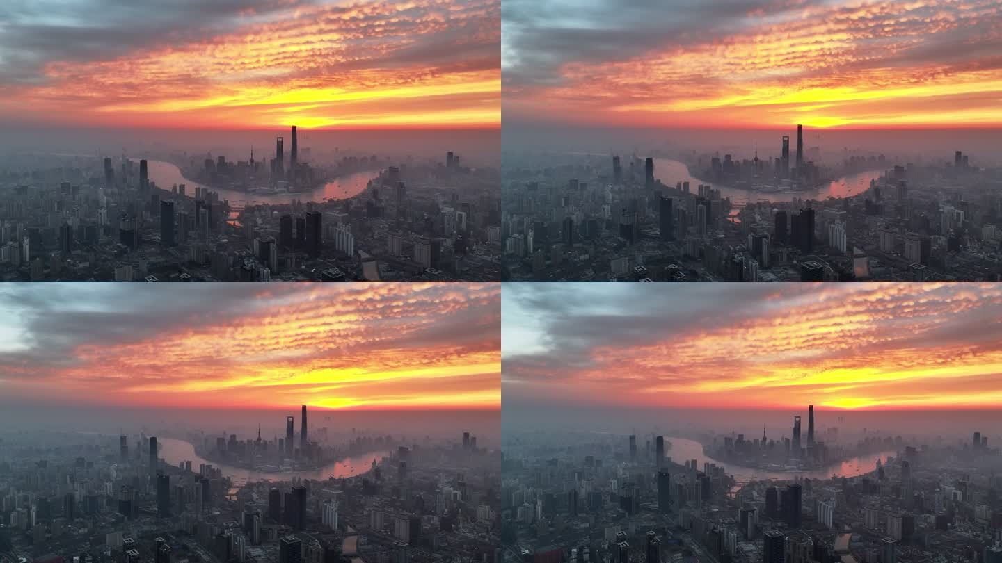 上海日出航拍 朝霞 城市发展 太阳升起