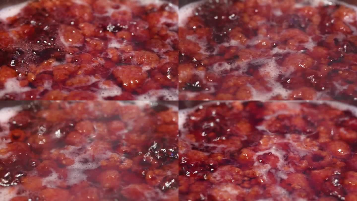 沸腾的树莓特写镜头果酱制作甜品甜蜜
