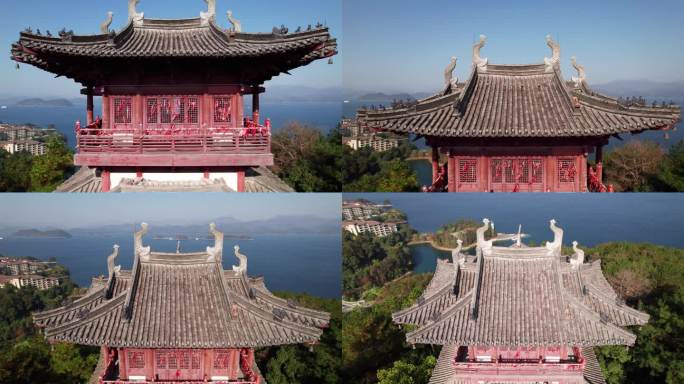 中国浙江杭州千岛湖附近的淳南市古塔的倾斜无人机镜头。红丝带随风飞舞，4k实时视频。