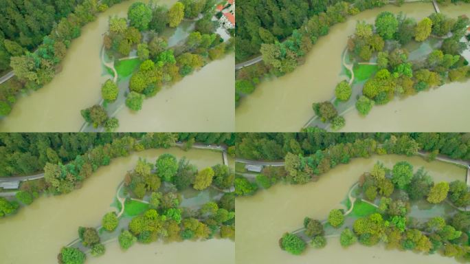 空中俯瞰:泛滥的库尔卡河中部被洪水淹没的小岛