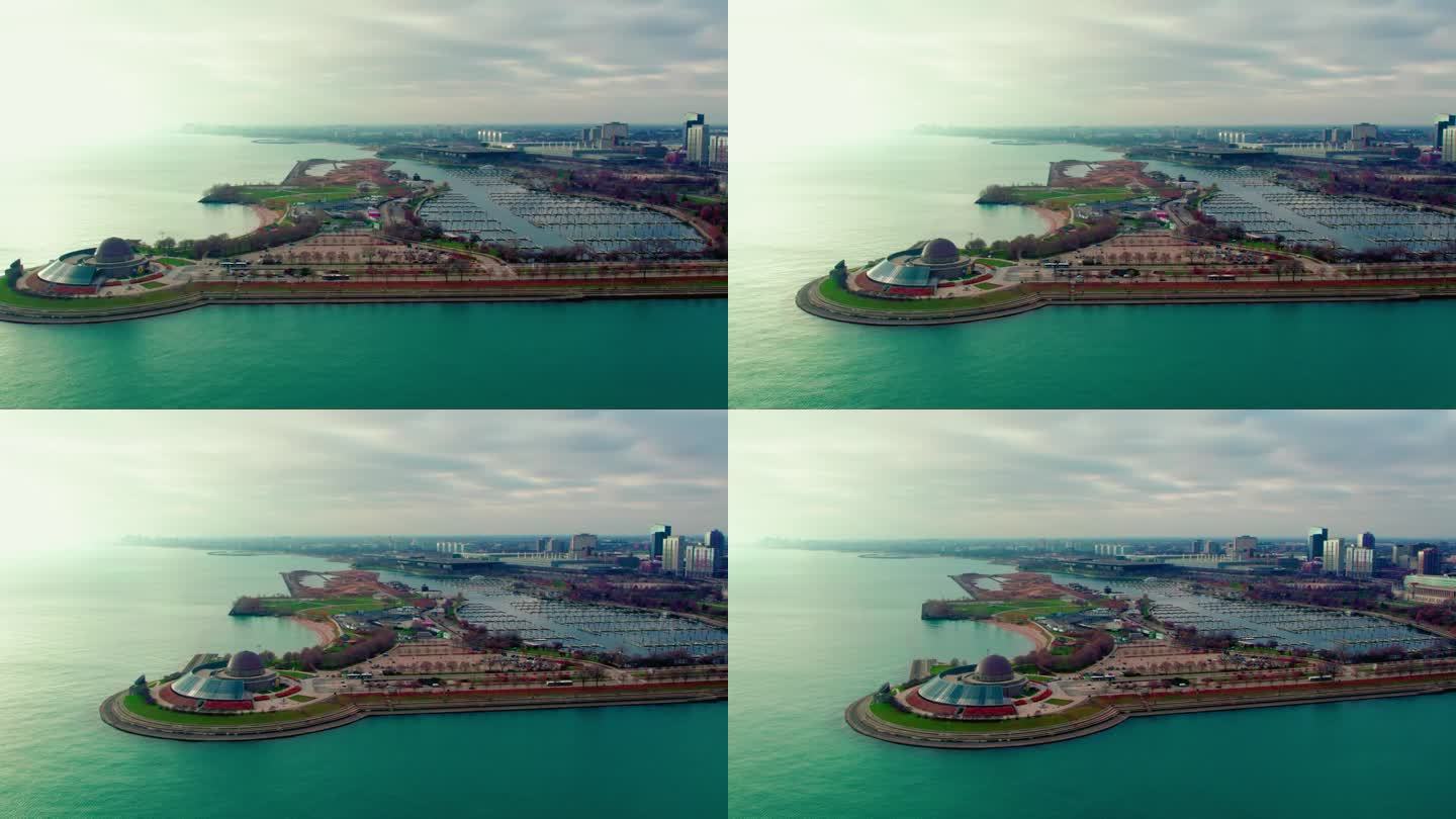 无人机在美国芝加哥的海滨和阿尔德天文馆拍摄。电影的天线