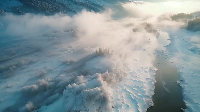 航拍唯美雾凇冬季冬天自然风光风景河流