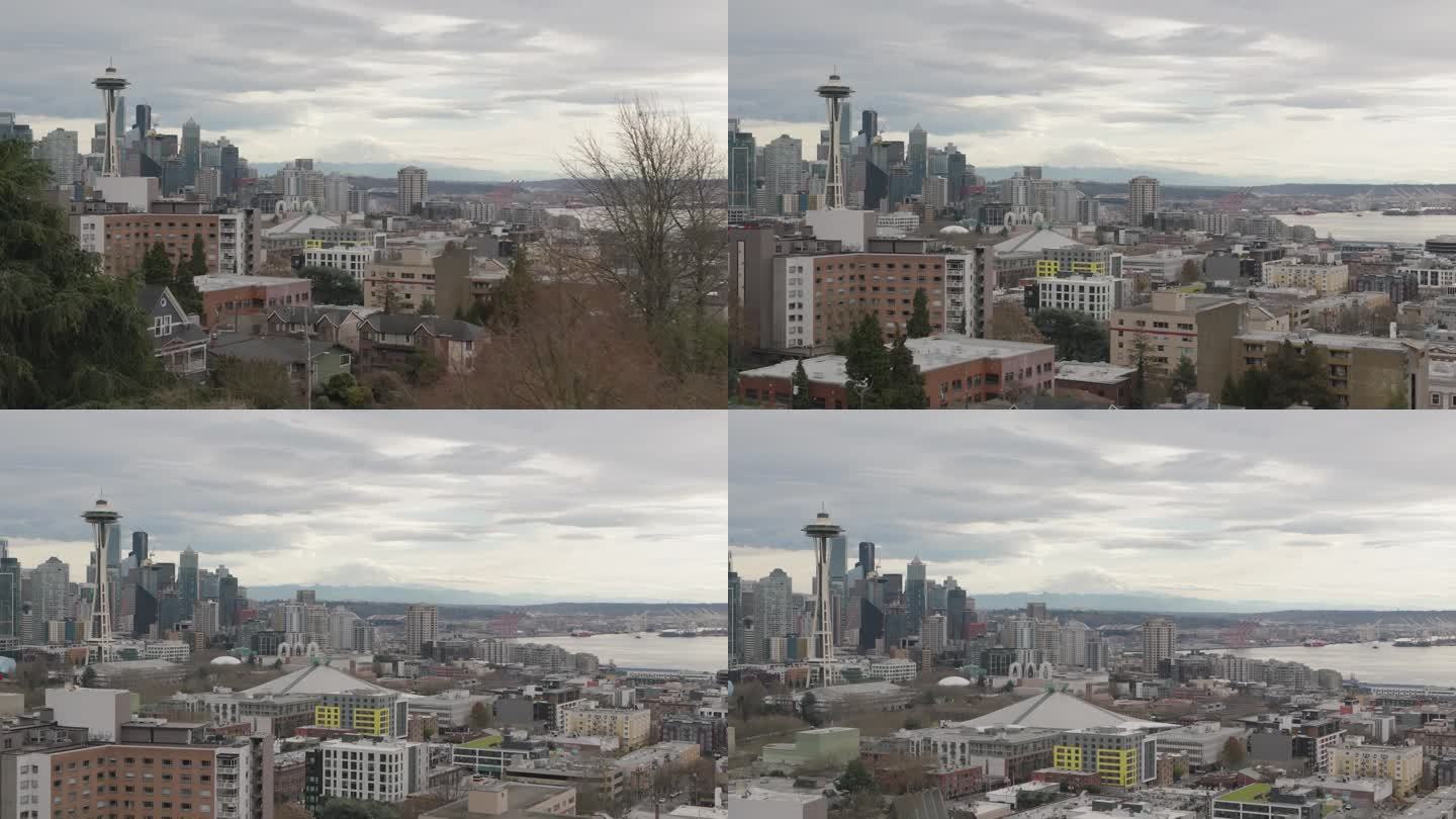 西雅图城市景观和雷尼尔山航拍图
