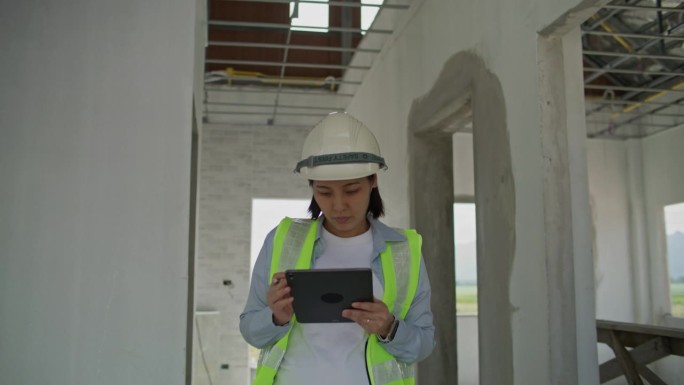 工程检查员使用数字平板电脑评估施工进度