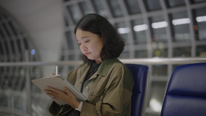 一名亚洲女子坐在机场登机口附近的候机区摆弄平板电脑。