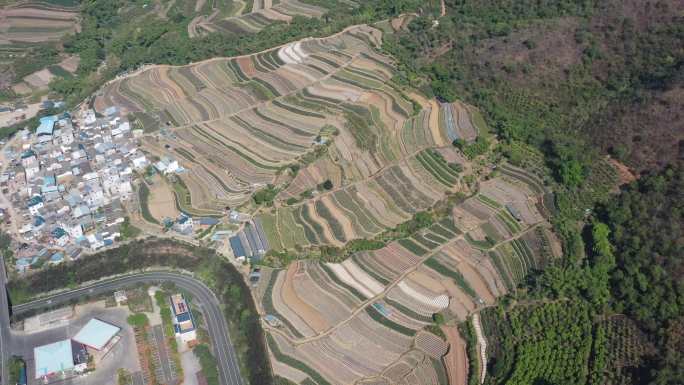 依山而修的梯田，小村子安静地生长在山脚