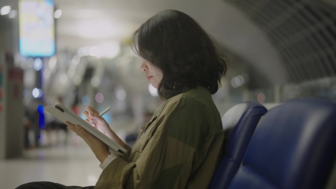 女子在机场使用数码平板电脑工作，等待国际航班。