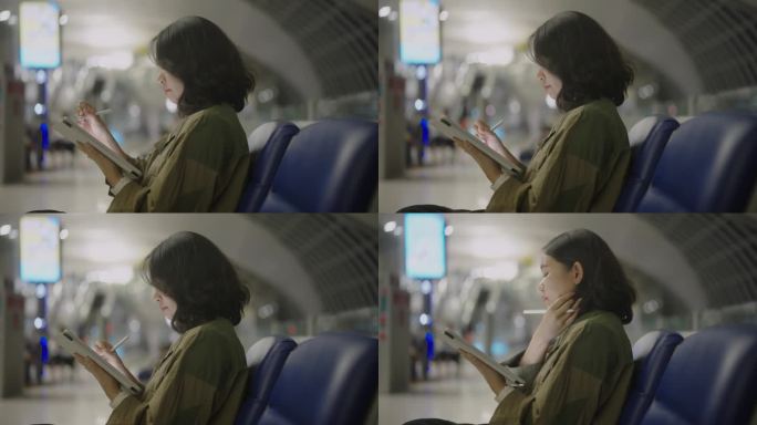 女子在机场使用数码平板电脑工作，等待国际航班。