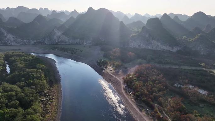 桂林漓江乌桕滩丁达尔喀斯特山水航拍大片