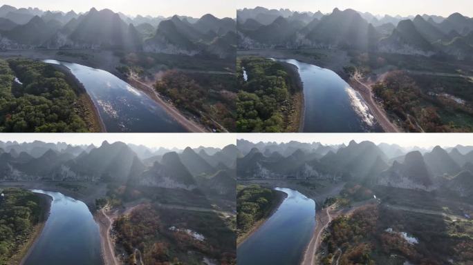 桂林漓江乌桕滩丁达尔喀斯特山水航拍大片