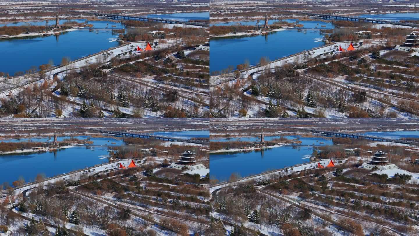 石家庄太平河滹沱河冬天雪景航拍