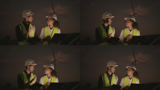晚上，检查工程师在风力涡轮机农场用笔记本电脑工作。