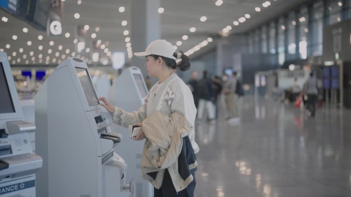 年轻的亚洲女子走向自助值机亭。