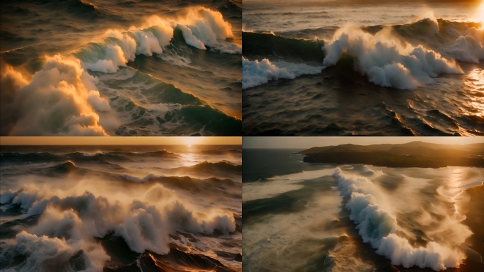 夕阳下的大海巨浪合集 4k