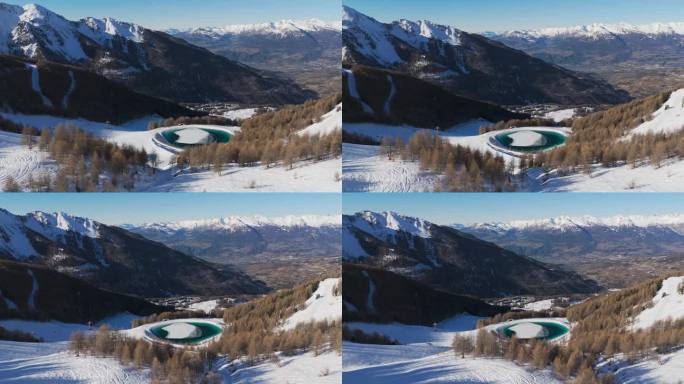 人工造雪集水区、水库、湖泊、滑雪场的造雪轨道航拍无人机拍摄