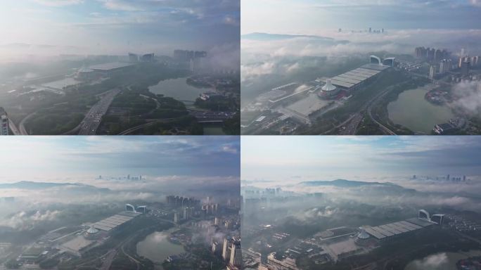 南宁国际会展中心平流雾航拍视频素材