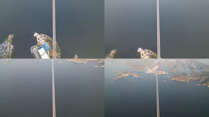 鸟瞰中国浙江杭州楚南千岛湖的美丽景观。成千上万的小岛，千岛湖上的直桥，4k实时镜头，无人机视图。