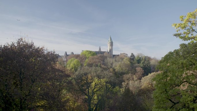 以历史悠久的卢森堡宫为背景，俯瞰郁郁葱葱的绿色公园