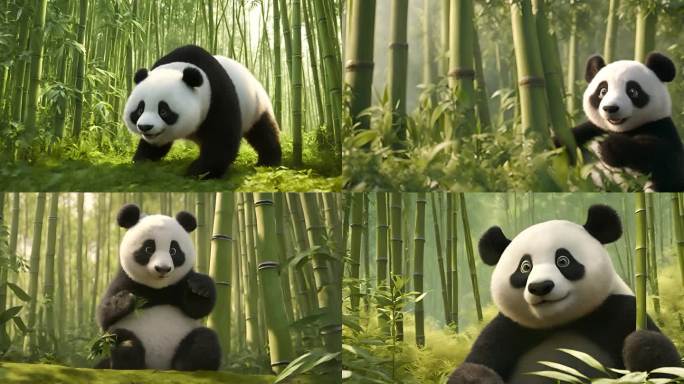 竹林里可爱的大熊猫3D动画卡通形象