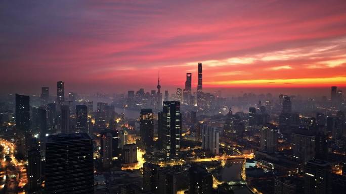 上海日出航拍 朝霞 城市发展 太阳升起