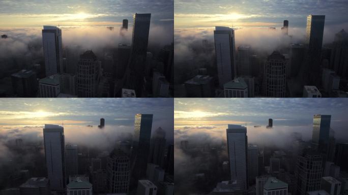 高空拍摄的高楼间的雾霾和发光的太阳