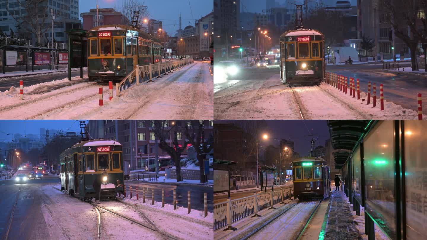 大连有轨电车 雪景素材 夜景