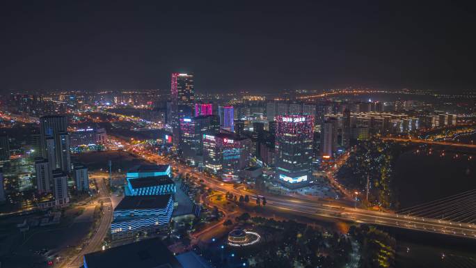 浙江金华多湖中央商务区夜景航拍延时