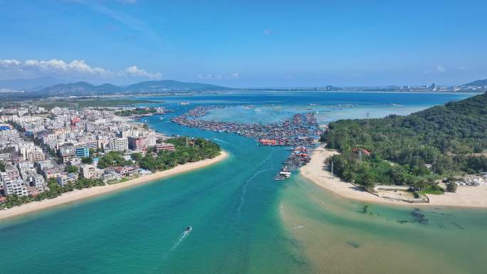 4k海南陵水疍家鱼排玻璃海海湾出海口航拍