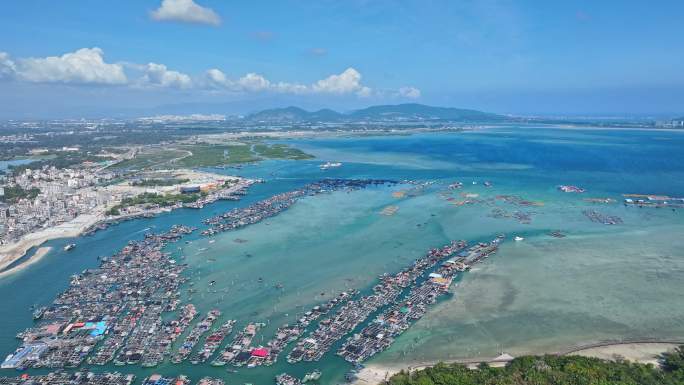 4k海南陵水疍家鱼排玻璃海海湾玻璃海航拍